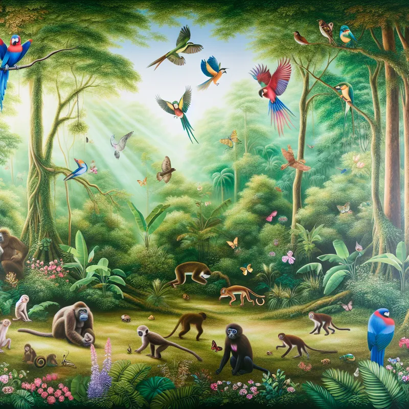 Een weelderig regenwoud met diverse dieren zoals vogels, apen en insecten die harmonieus samenleven in de natuur.