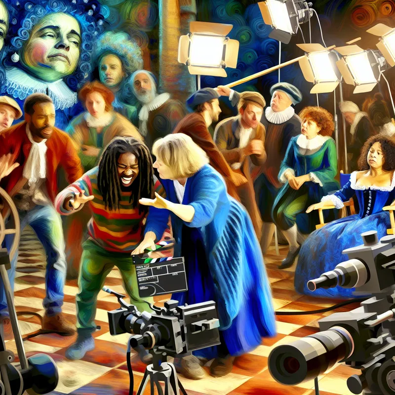 Een levendige filmset met diverse acteurs en crew, waar een directeur een scène aanstuurt die inclusie en representatie benadrukt.