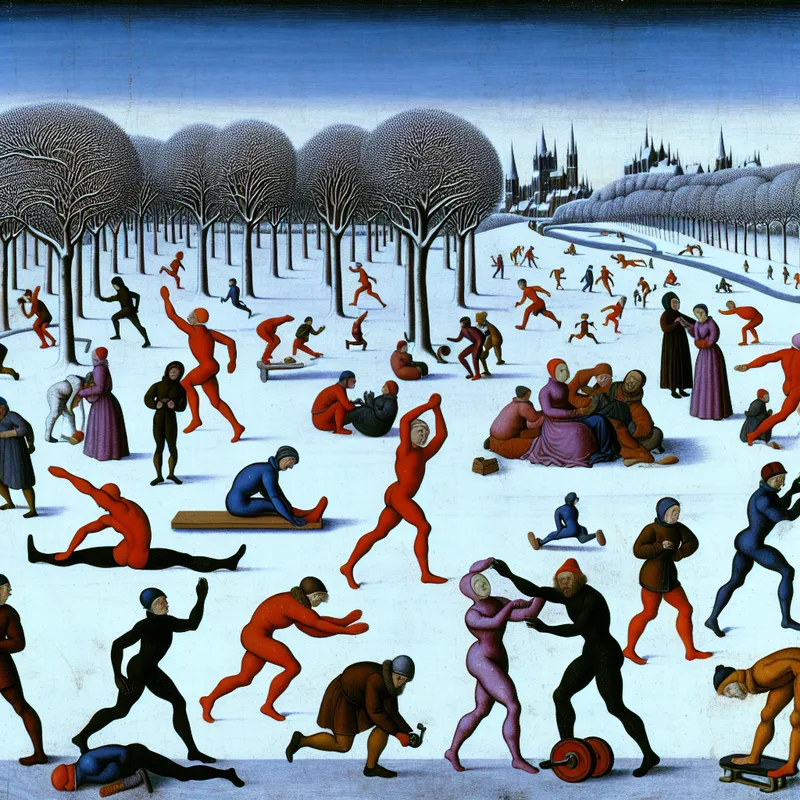 Een diverse groep mensen die in een winterse omgeving in een park aan lichaamsbeweging doet, met activiteiten zoals joggen, stretchen en gewichten tillen.