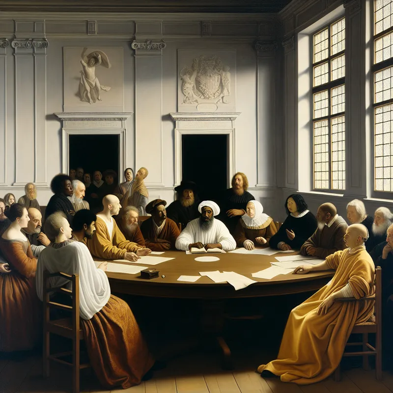 Een diverse groep mensen in een elegante raadszaal, zittend rond een grote houten tafel en betrokken in een serieuze discussie.