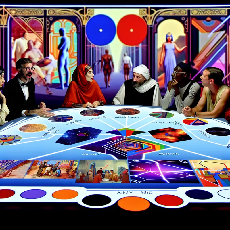 Een diverse groep mensen rondom een retro-futuristisch tafel, verdiept in een levendige discussie over een kleurrijke tijdlijn van gebeurtenissen.