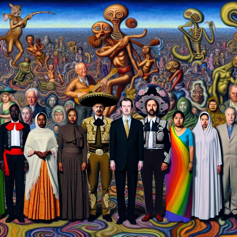 Een diverse groep mensen staat zij aan zij in een kleurrijke en surrealistische omgeving, gekleed in traditionele en moderne kleding, onder een droomachtige lucht vol vreemde wezens.