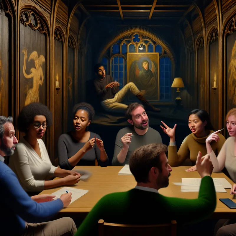 Een diverse groep mensen in een brainstormsessie in een gotische kamer, elk met unieke ideeën.