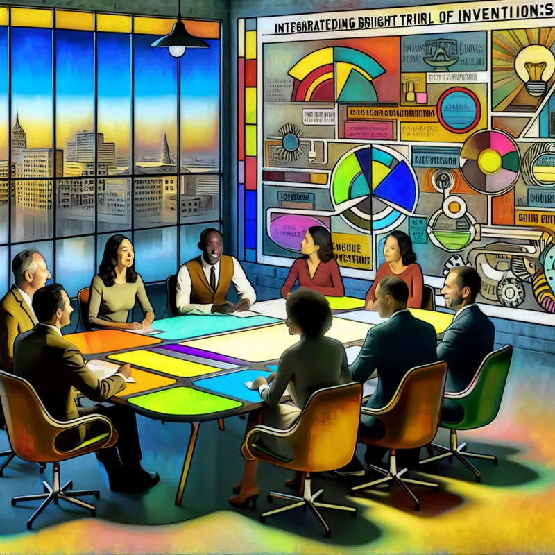 Illustratie van een diverse groep mensen in een moderne kantoorruimte, die samen werken aan nieuwe ideeën.