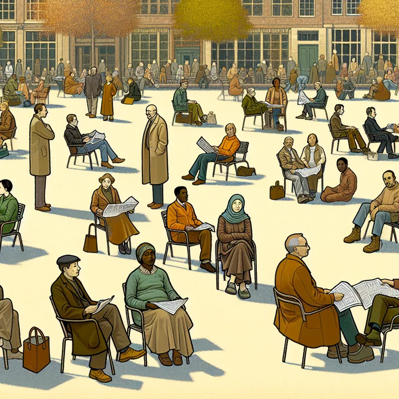 Een serene openbare plein met een diverse groep mensen van verschillende leeftijden en achtergronden die betrokken zijn bij diverse activiteiten.