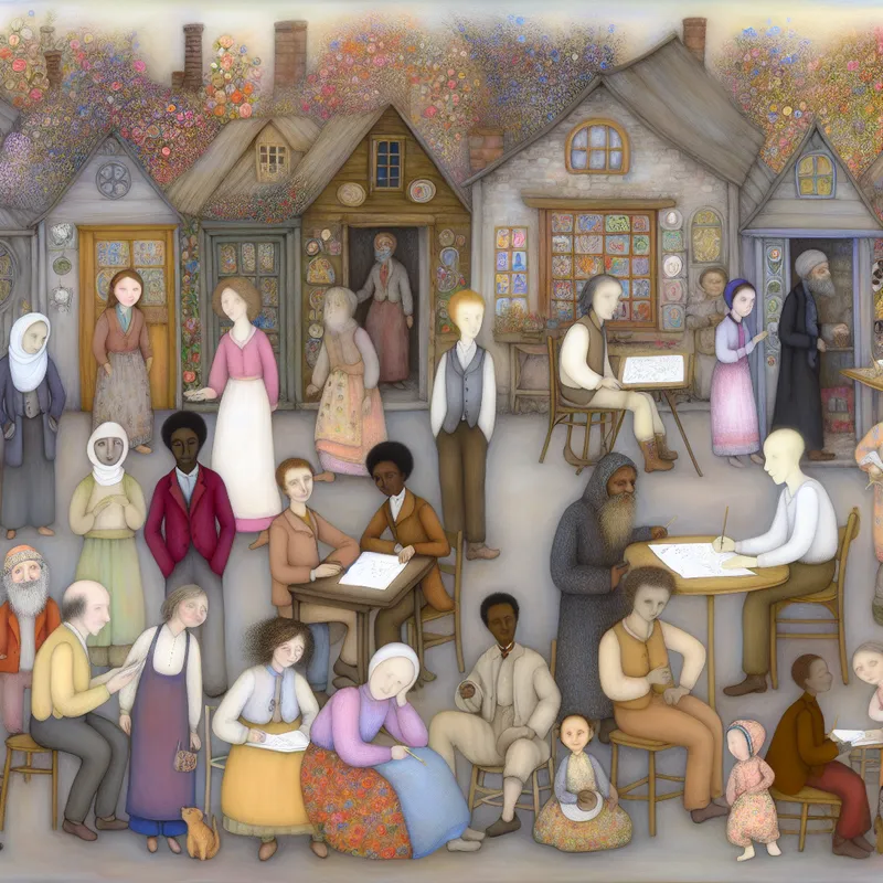 Een diverse groep mensen in een charmant dorp, bezig met het analyseren van sociale en culturele aspecten.