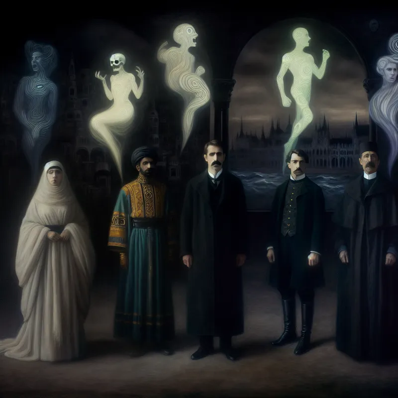 Een diverse groep mensen staat samen in een mysterieuze, schaduwrijk omgeving, elke persoon met unieke kleding en eigenschappen.