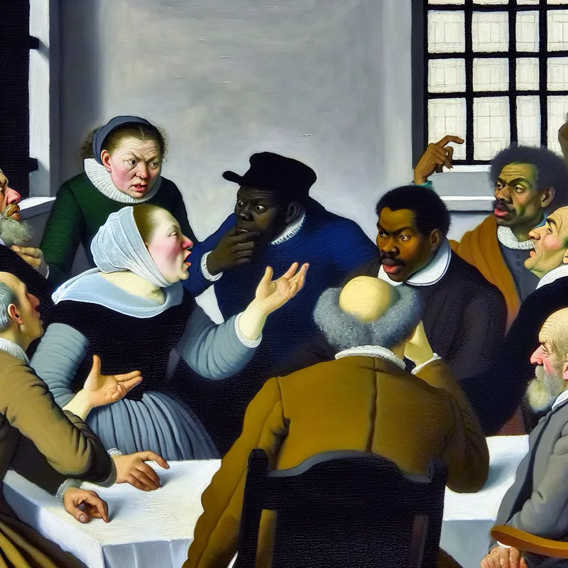 Groep diverse mensen in levendige discussie tijdens vergadering met expressieve gebaren en gezichten, gekleed in formele kleding in een kantoorruimte.