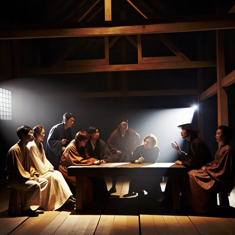 Een diverse groep mensen die een diepgaand gesprek voert aan een rustieke houten tafel, omringd door houten elementen die de structuur van een organisatie symboliseren.