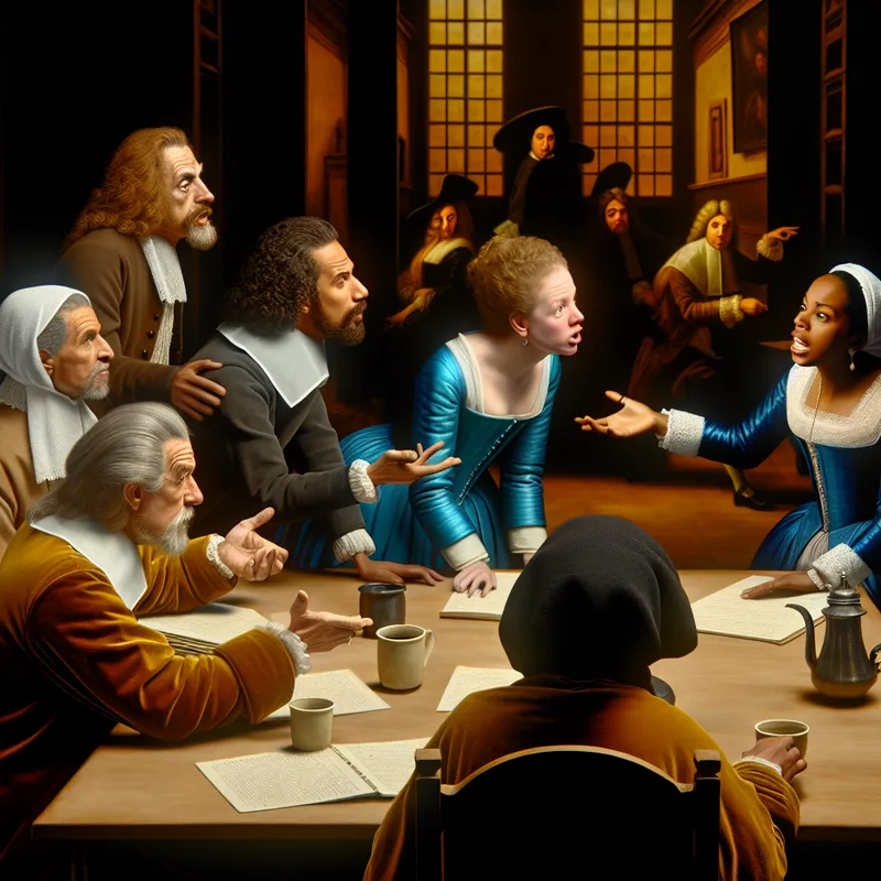 Een diverse groep mensen in een energieke discussie tijdens een vergadering, gestileerd in barokstijl.