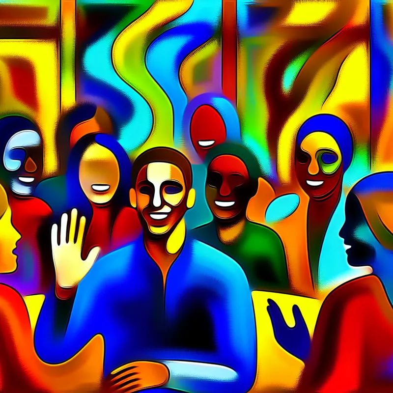 Abstracte afbeelding van mensen in een levendige vergadering, met één persoon die opvalt door een zelfverzekerde glimlach en sociale vaardigheden.