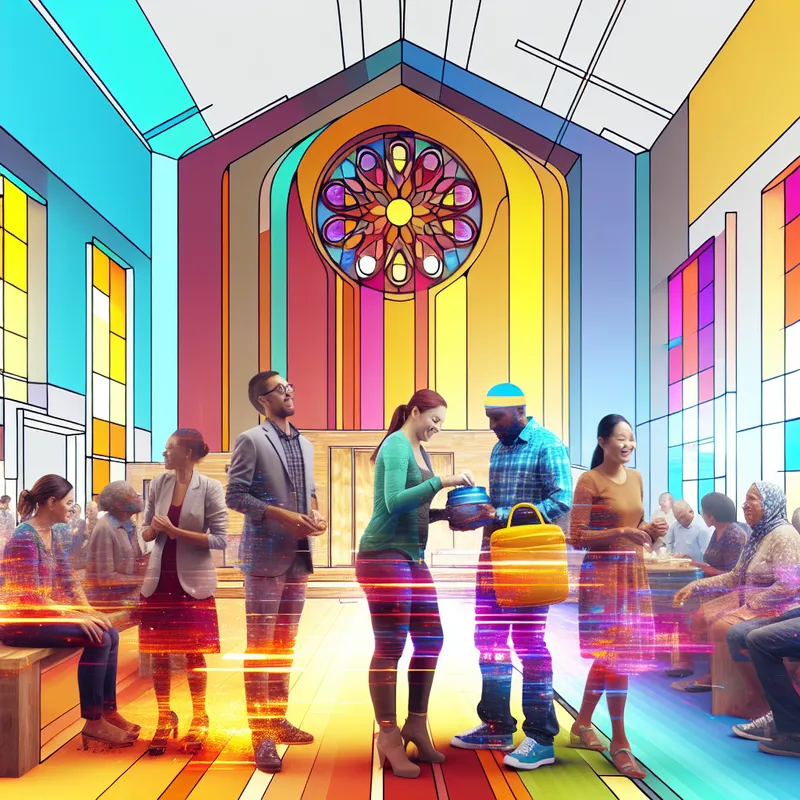 Een diverse groep mensen die in een moderne kerk samenkomt en interactie heeft, met kleurrijke glas-in-loodramen op de achtergrond.