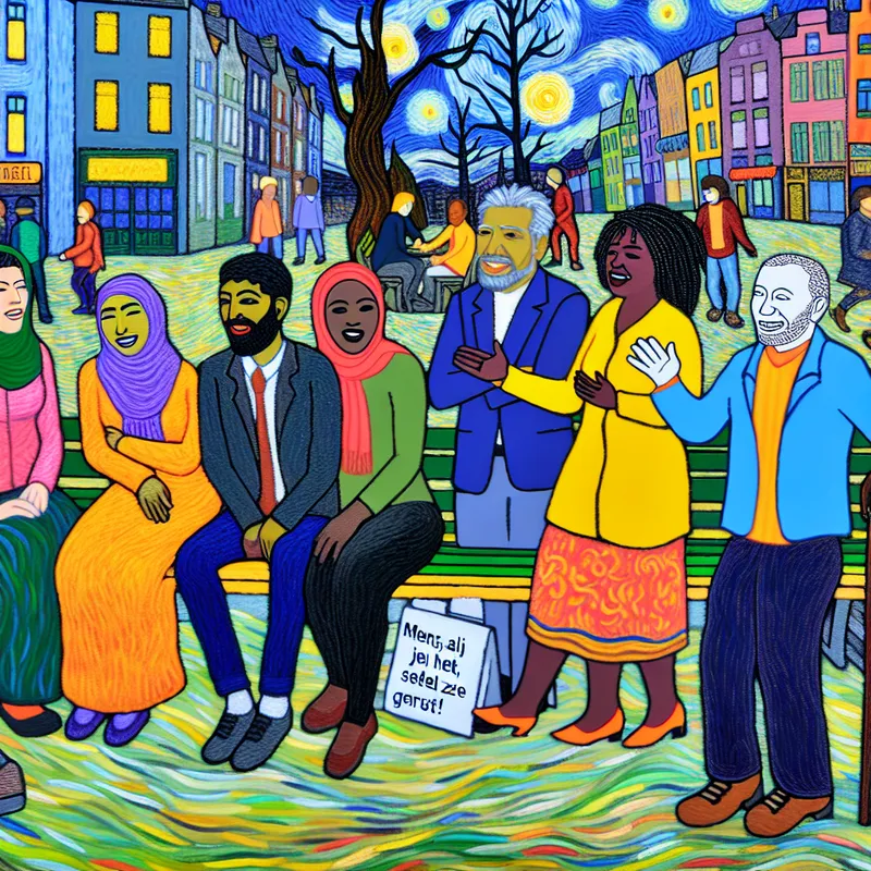 Een kleurrijke stadsomgeving met een diverse groep mensen in gesprek, waarbij een persoon open gebaren maakt en uitnodigt tot vragen.