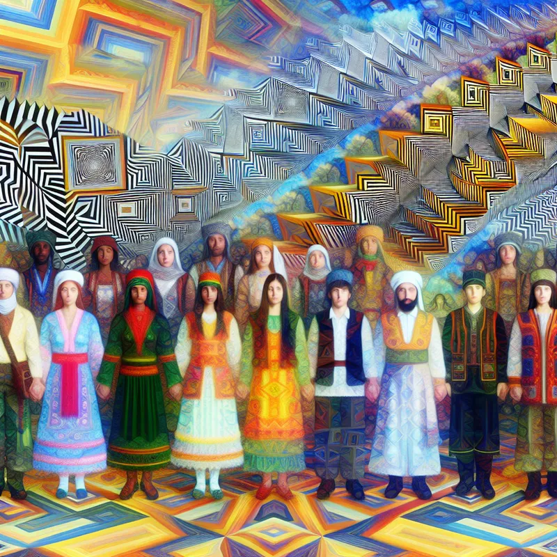 Surrealistisch landschap met diverse mensen in traditionele kleding, vertegenwoordigers van verschillende nationaliteiten, omringd door geometrische patronen en een onmogelijke trap.