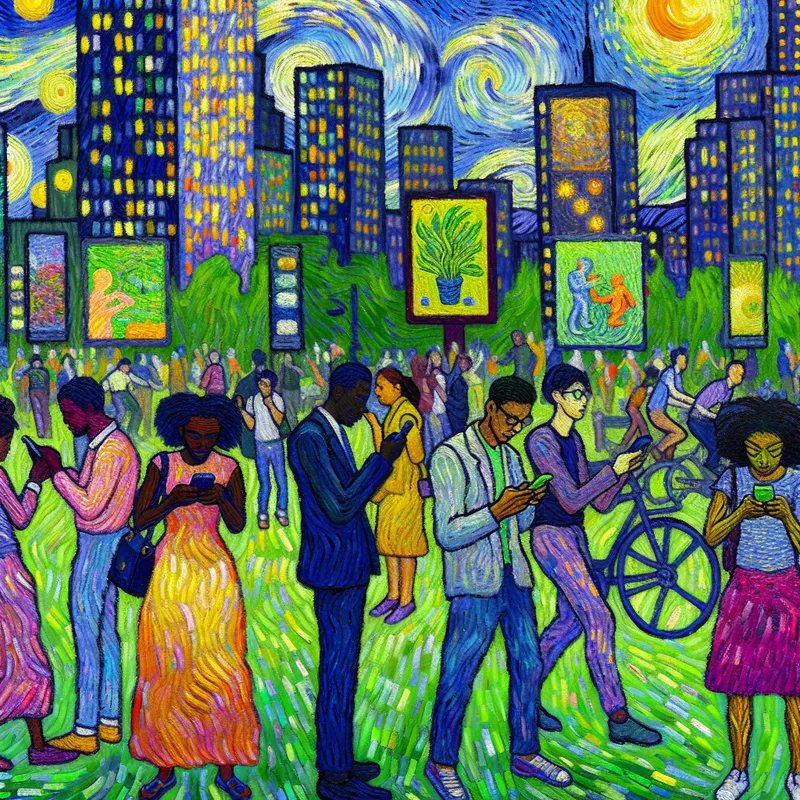 Een diverse groep mensen in een moderne stad, met smartphones en bewust van hun omgeving, bespreken milieukwesties.