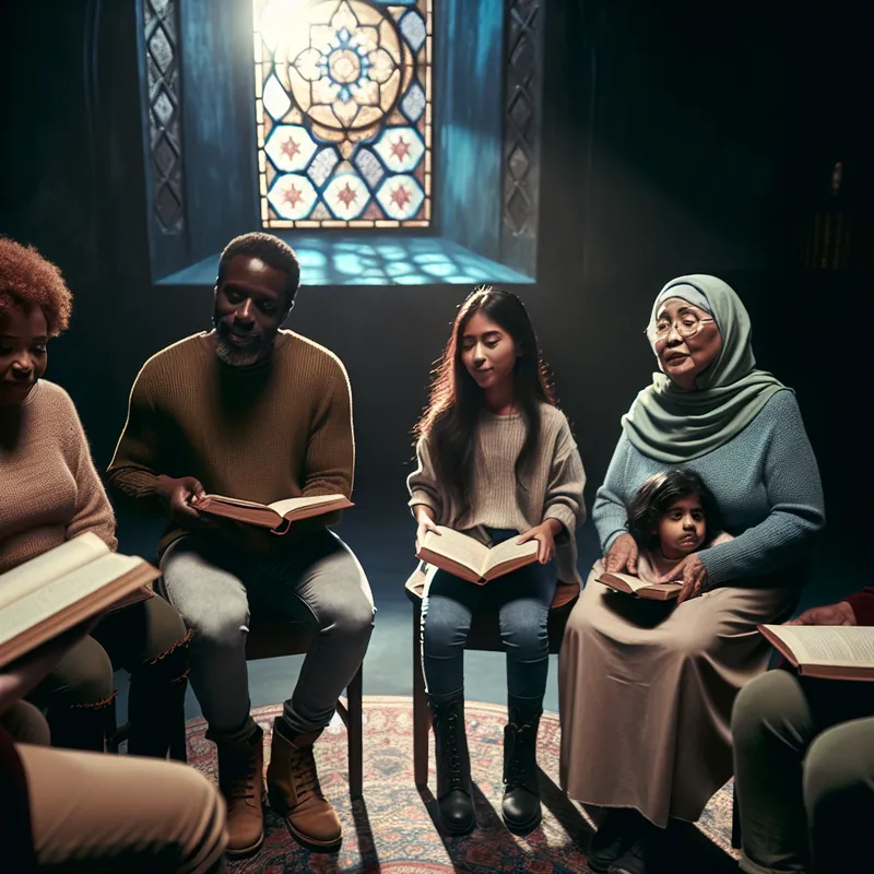 Diverse groep mensen van verschillende leeftijden en etniciteiten zitten in een cirkel, bezig met een educatieve activiteit met boeken.