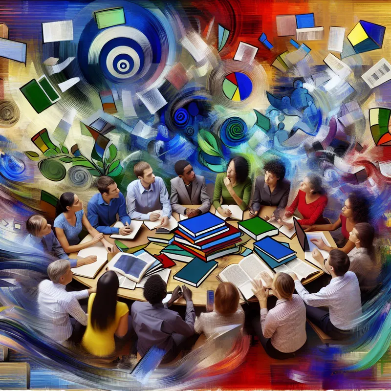 Een abstracte afbeelding van een diverse groep mensen rond een grote tafel met boeken, grafieken en digitale schermen, die de exploratie en evaluatie van opties in een complexe besluitvorming vertegenwoordigt.