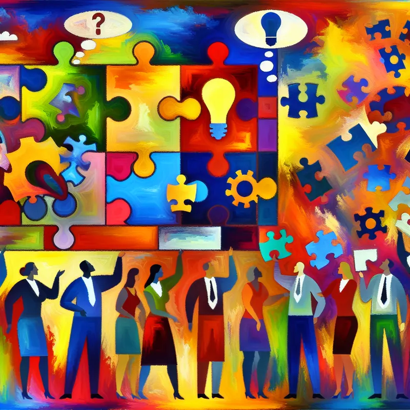 Een abstracte afbeelding van een diverse groep mensen rond een groot, kleurrijk puzzel met ontbrekende stukjes en uitvoerende gedachten.