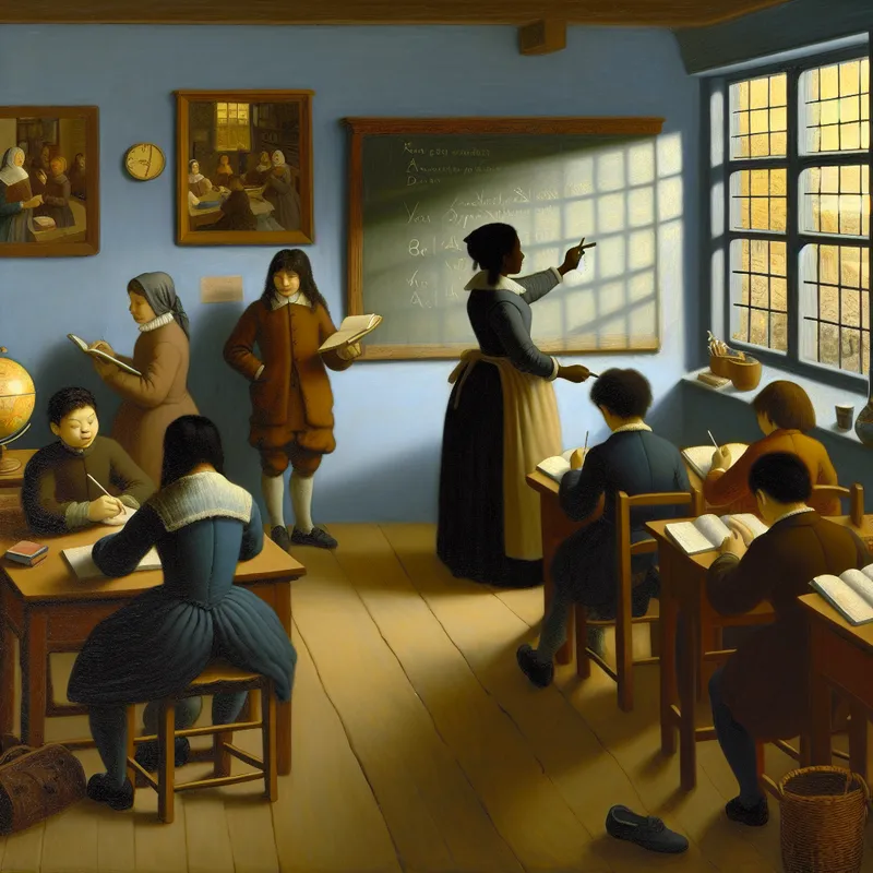 Een diverse groep studenten in een zacht verlichte klas met een enthousiaste leraar die een vreemde taal lesgeeft.