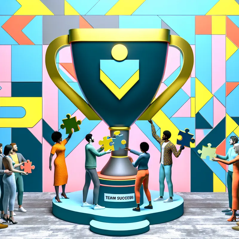 Een diverse groep mensen rond een grote trofee met het label 'Team Success', waarbij elk persoon een unieke puzzelstuk in de trofee past.