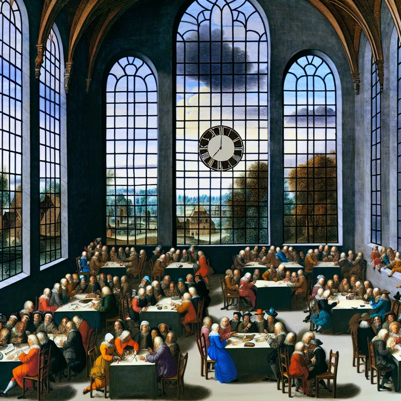 Een grote vergaderzaal vol diverse groepen mensen die energiek met elkaar discussiëren.