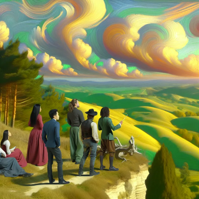 Diverse jongeren op een klif, uitkijkend over glooiende heuvels onder een dramatische lucht, in gesprek over vrijheid en kansen.