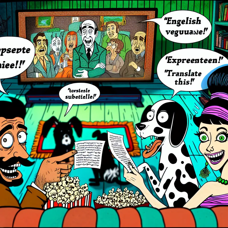 Een kleurige cartoonafbeelding van diverse karakters, waaronder een robot, een hond en een mens, die samen naar een tv kijken met Engelse ondertitels.