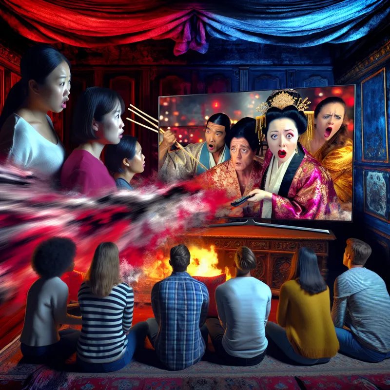 Een diverse groep mensen diep betrokken bij een spannende televisieshow in een sfeervolle woonkamer.