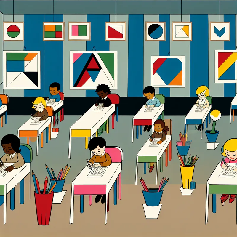 Diverse kinderen in een modern retro-futuristisch klaslokaal, elk gefocust op hun werk.