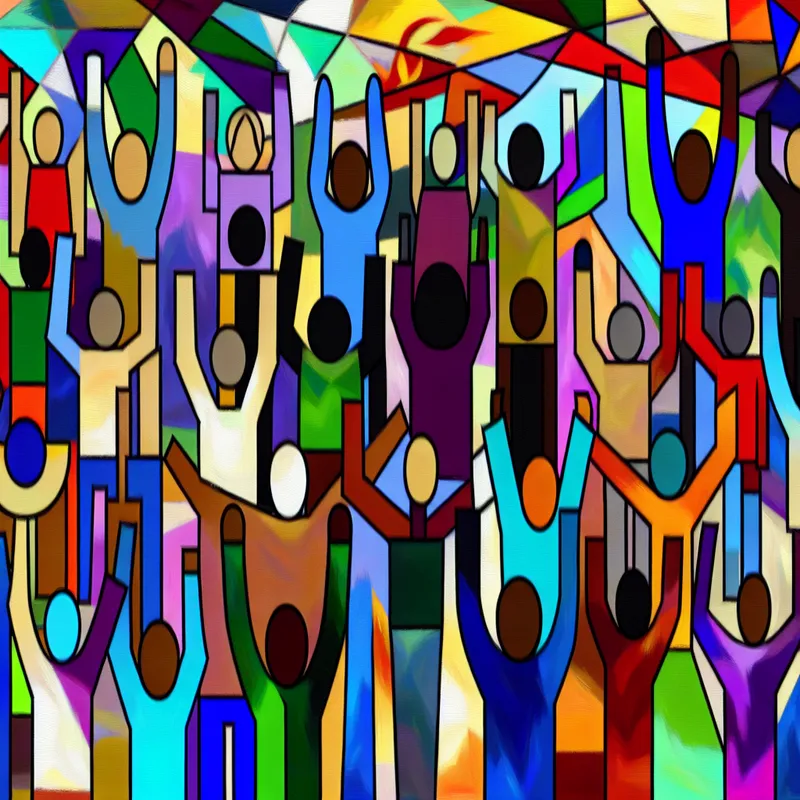 Een abstracte en levendige afbeelding van een grote menigte van diverse mensen die hun handen omhoog steken in solidariteit.