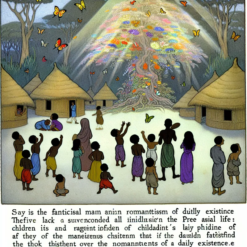 Een vreugdevolle groepsscène van diverse mensen die dagelijks wonderen ervaren in een sprookjesachtige setting met een charmant dorp en een majestueuze boom.