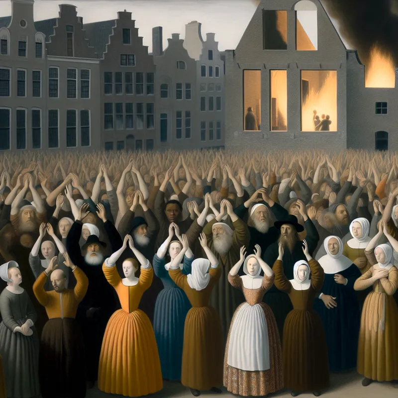 Een diverse groep mensen die buiten hun handen oprichten, in een urgentie om hulp te vragen, met een brandend gebouw op de achtergrond.