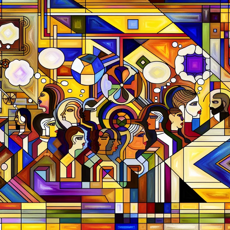 Een levendige retro-futuristische vergaderomgeving met diverse mensen die ideeën bespreken, omringd door geometrische vormen en denkbellen.