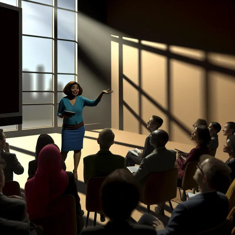 Diverse groep mensen in een moderne vergaderruimte, geconcentreerd op een presentatie, geleid door een zelfverzekerde vrouw.