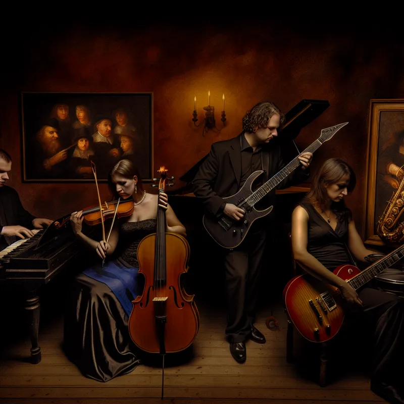 Een diverse groep muzikanten speelt in een sfeervolle kamer, met verschillende instrumenten zoals een viool, piano, elektrische gitaar en saxofoon.