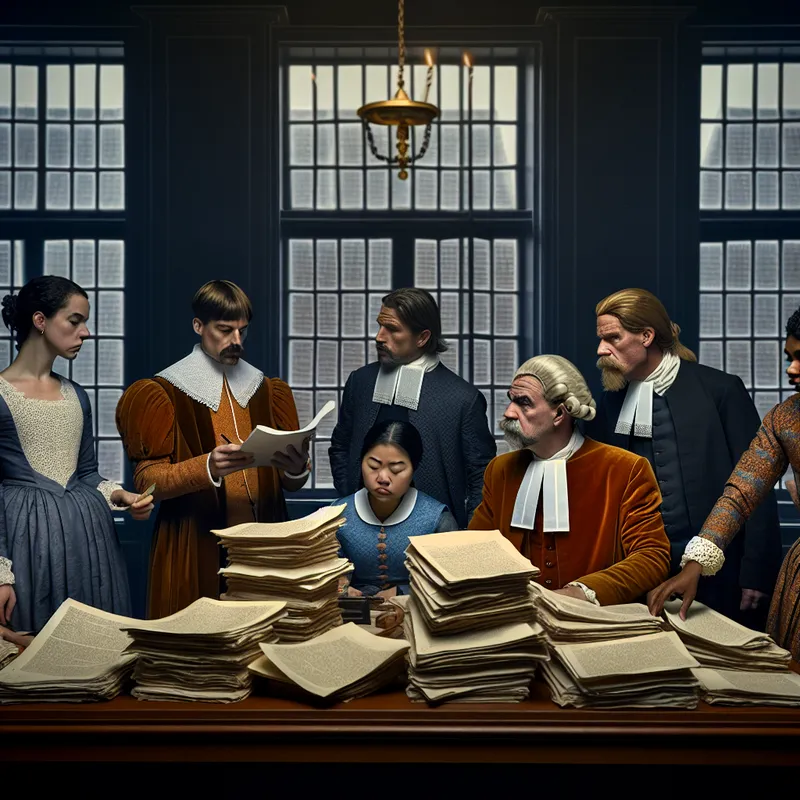 Een diverse groep mensen rond een tafel in een rechtbank, gefocust op juridische documenten, met een serieuze en elegante sfeer.