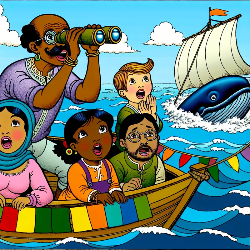 Groep diverse cartoonfiguren op een kleurrijke boot met verrekijkers, terwijl ze een grote walvis in de verte zien breken.