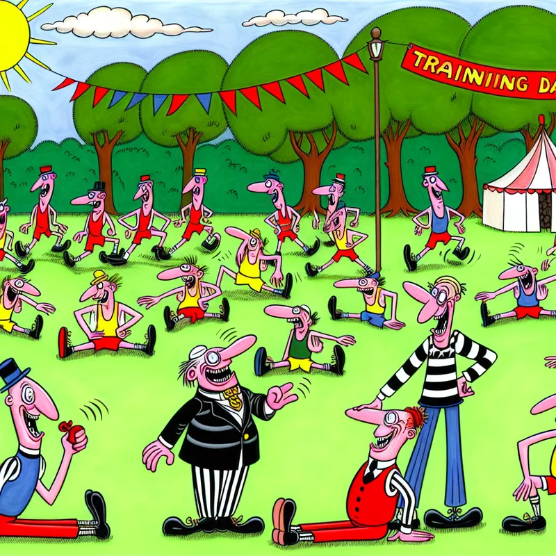 Een grappige cartoonafbeelding van diverse personages die zich voorbereiden op een trainingssessie in een levendig park, met een blazende fluitist in het midden.