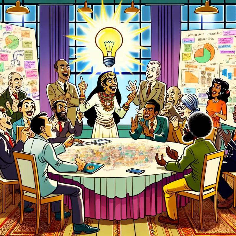 Cartoonachtige scène van een diverse groep mensen die ideeën delen rond een grote tafel, met een personage dat een verfrissend idee presenteert.