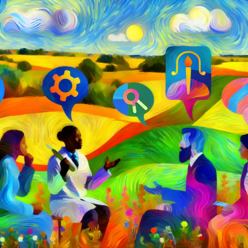 Kleurrijke illustratie van diverse professionals in een samenwerking, met spraakballonnen die vaardigheden weergeven, zoals een moersleutel voor een ingenieur en een stethoscoop voor een arts.