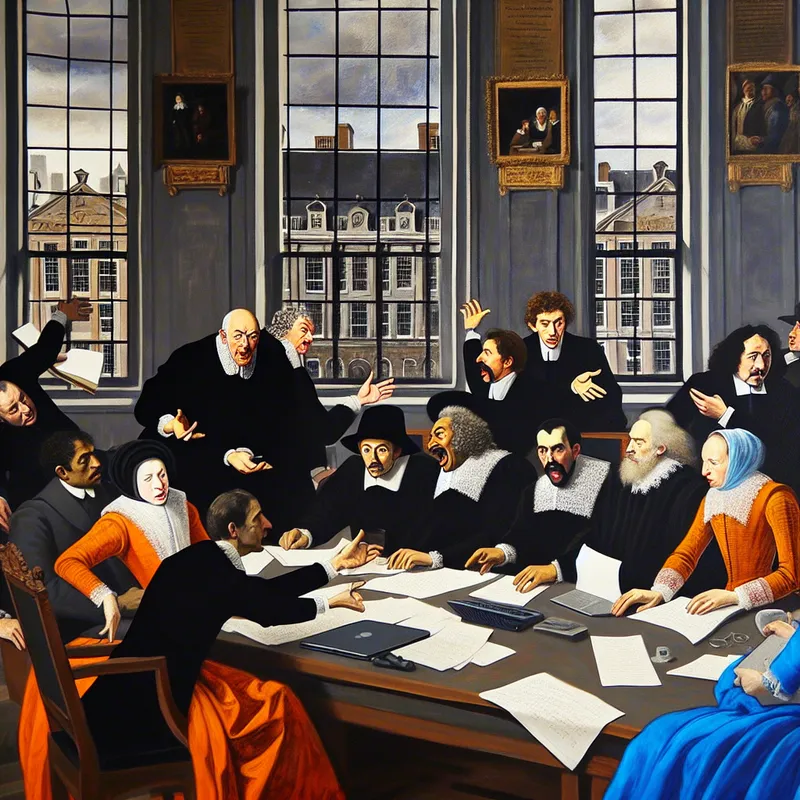 Groep van diverse regeringsministers in een levendige discussie in een grote vergaderzaal met documenten en laptops op tafel.