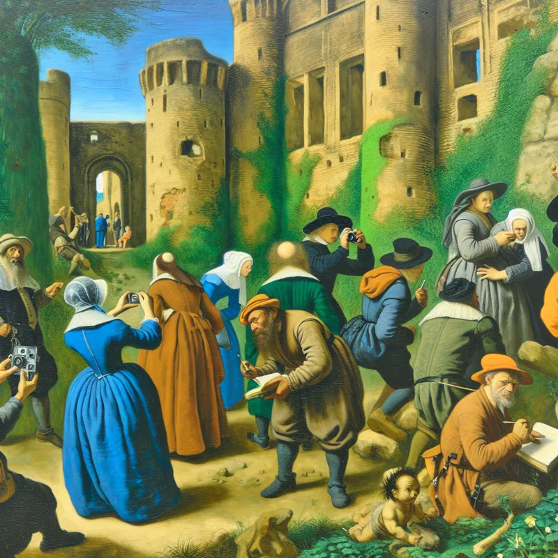 Groep diverse reizigers verkent een oud kasteel met groene omgeving, inclusief volwassenen en kinderen die notities maken en foto's nemen.