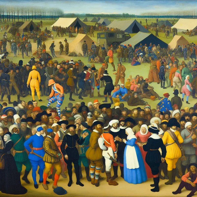 Afbeelding van een grote groep diverse soldaten in een militaire basis, staand in formatie en communicerend, met tenten en militaire voertuigen op de achtergrond.