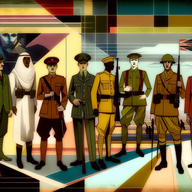 Een diverse groep soldaten in moderne, retro-futuristische uniformen staat samen in een abstract landschap dat symbool staat voor hun land.