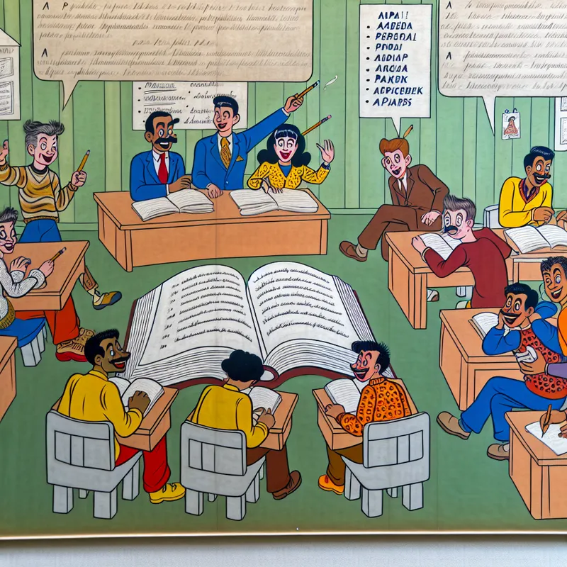 Groep diverse studenten in een kleurrijke klaslokaal, interactief met een groot open boek met de tekst 'APA'.