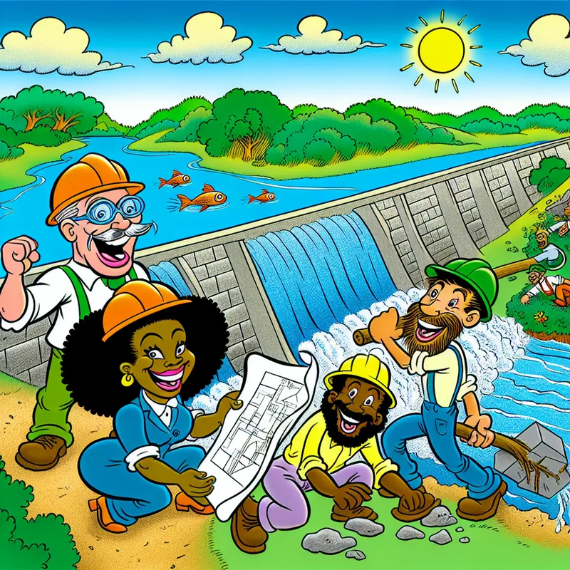 Een cartoonachtige voorstelling van een diverse groep mensen die samen een dam bouwen, met een nadruk op teamwork en creativiteit.
