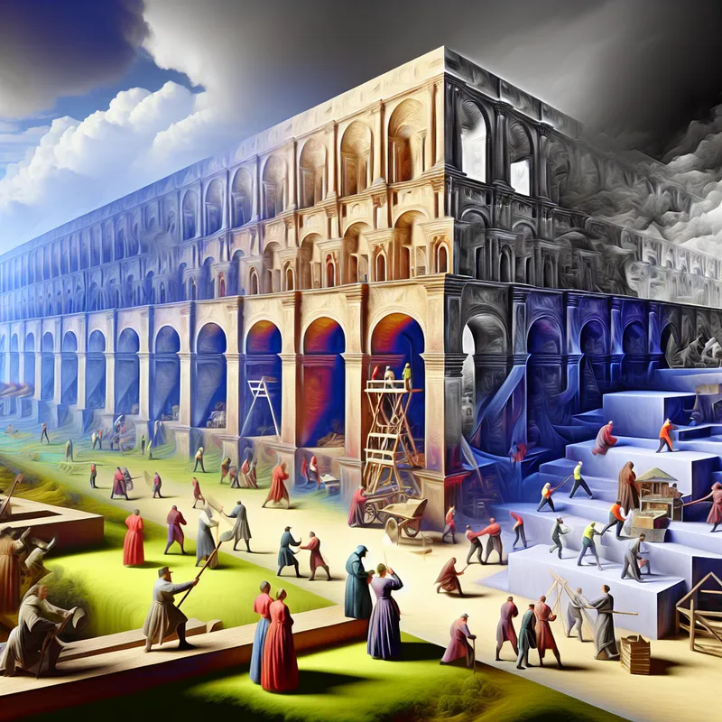 Een diverse groep mensen werkt samen aan een groot project in een architectonische omgeving.