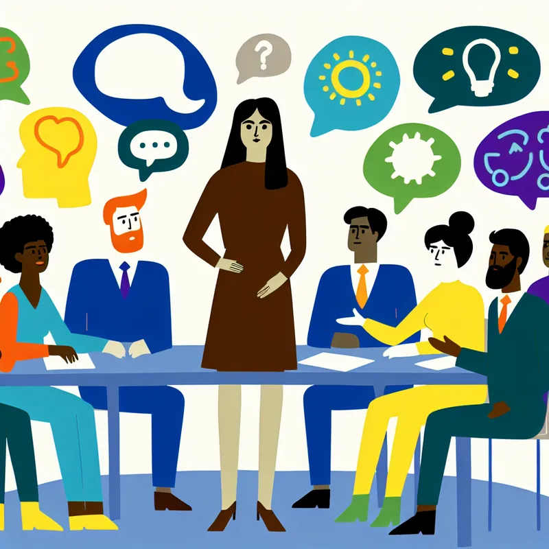 Illustratie van een diverse groep teamleden rond een tafel, met een persoon die zelfverzekerd presenteert.