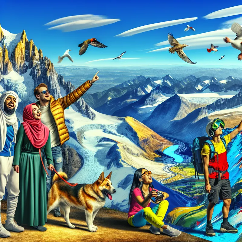 Groep diverse toeristen op een bergtop die in bewondering kijken naar een prachtig panorama van besneeuwde pieken en groene valleien.