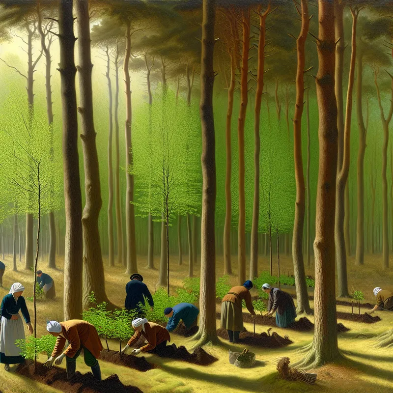 Een serene bos scène met diverse arbeiders die jonge bomen planten in een zonovergoten open plek, met aandacht voor duurzame bosbeheerpraktijken.